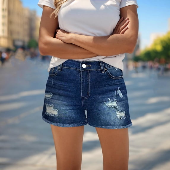 Afelkas Jean Shorts Womens High Waisted Denim Shorts Stretchy Summer Hotpants Trendy Distressed Ripped Bottoms with Pockets