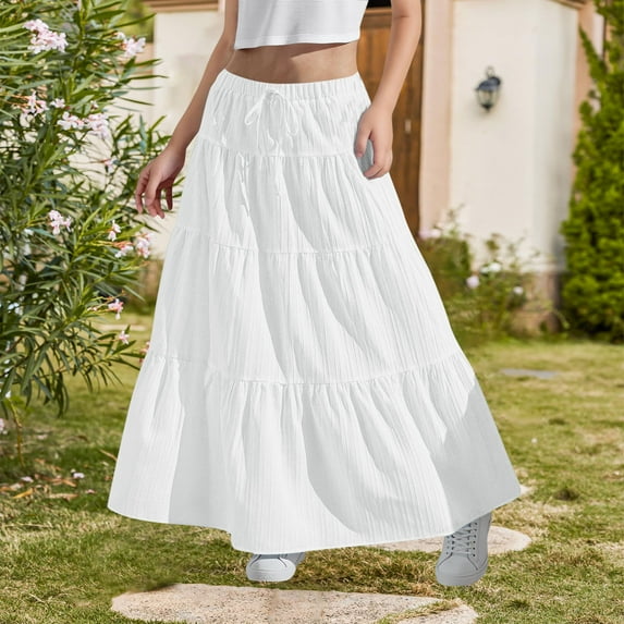 Afelkas Maxi Skirt for Teen Girls Boho Flowy Tiered Long Skirts Tween Elastic High Waisted A-Line Casual Toddler Girl Summer Beach Vacation Skirt with Drawstring Lightweight Relaxed Fit