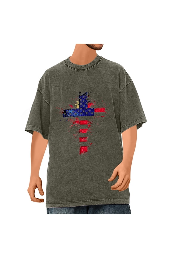 Men's Acid Wash Cross Flag T-Shirt Vintage American Patriot Graphic Tee Oversized Streetwear Religious 4th of July Top Army Green,S