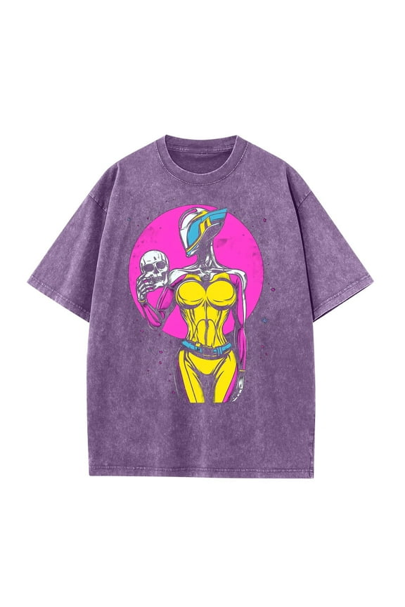 Men's Cyberpunk Android T-Shirt Acid Wash Sci-Fi Skull Graphic Tee Oversized Streetwear Futuristic Art Top Purple,S