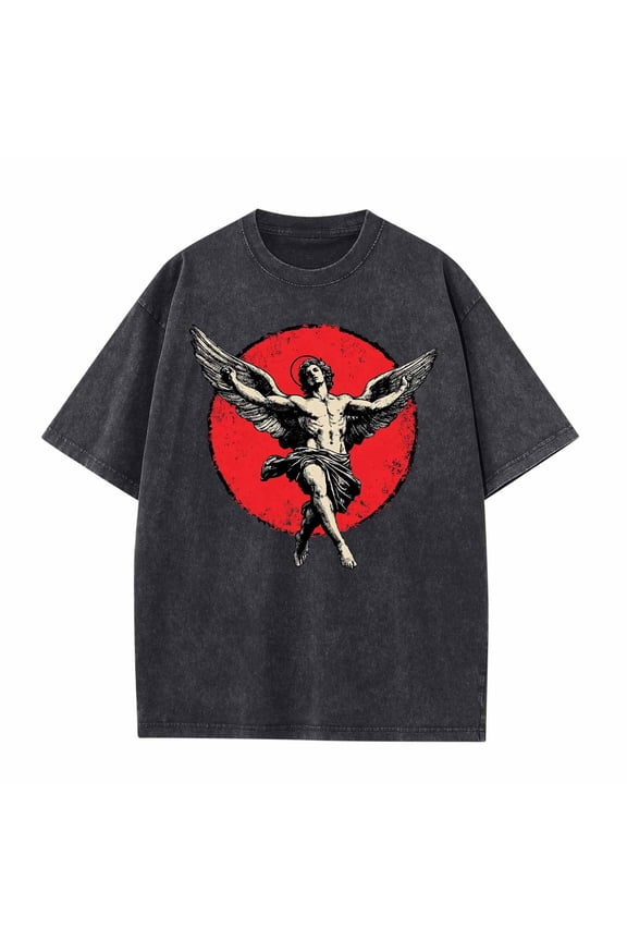 Men's Fallen Angel T-Shirt Acid Wash Red Moon Graphic Tee Oversized Streetwear Renaissance Art Aesthetic Top Black,M