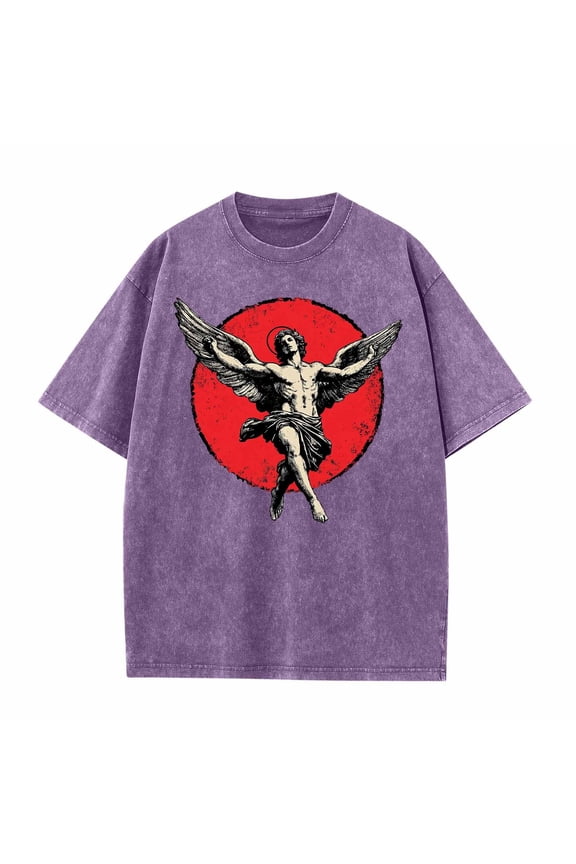 Men's Fallen Angel T-Shirt Acid Wash Red Moon Graphic Tee Oversized Streetwear Renaissance Art Aesthetic Top Purple,S