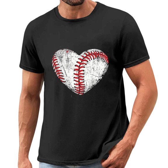 Afelkas Men's Game Day T-Shirt Baseball Heart Graphic Short Sleeve Tee Sports Fan Top Distressed Stitches Casual Design Black,XL