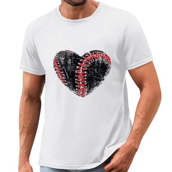 Afelkas Men's Game Day T-Shirt Baseball Heart Graphic Short Sleeve Tee Sports Fan Top Distressed Stitches Casual Design White,M