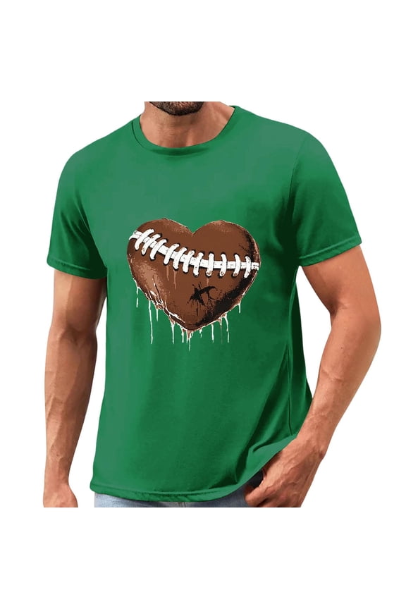 Men's Game Day T-Shirt Realistic Football Heart Graphic Short Sleeve Tee Sports Fan Top Laced Leather Look Casual Green,S