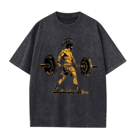 Afelkas Men's Spartan Deadlift T-Shirt Acid Wash Soldier Gym Graphic Tee Oversized Streetwear Bodybuilding Workout Top Black,L