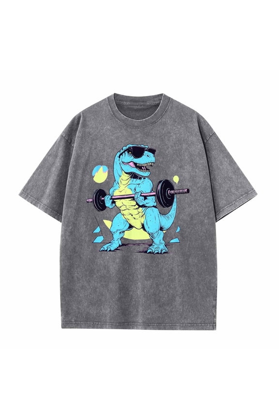 Men's T-Rex Gym T-Shirt Acid Wash Funny Dinosaur Deadlift Graphic Tee Oversized Streetwear Retro 90s Workout Top Gray,L