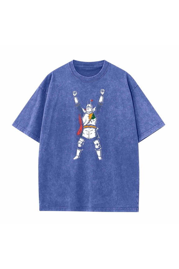 Men's Victorious Knight T-Shirt Acid Wash Medieval Armor Graphic Tee Oversized Streetwear Fantasy Gamer Casual Top Blue,XL