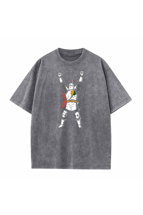 Men's Victorious Knight T-Shirt Acid Wash Medieval Armor Graphic Tee Oversized Streetwear Fantasy Gamer Casual Top Gray,S