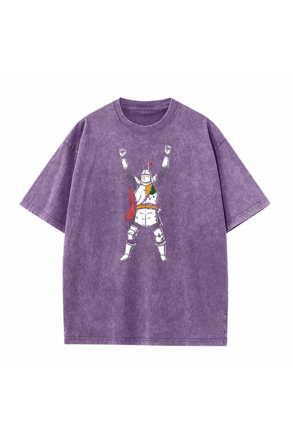 Men's Victorious Knight T-Shirt Acid Wash Medieval Armor Graphic Tee Oversized Streetwear Fantasy Gamer Casual Top Purple,XL