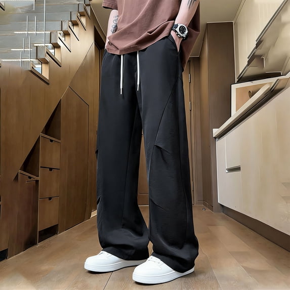 Afelkas Men's Wide Leg Casual Pants Elastic Drawstring Waist Relaxed Trousers for Lounge Wear Street Style and Daily Weekend Chores Black,XL