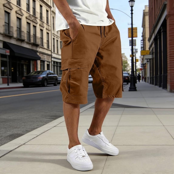 Afelkas Mens Cargo Shorts Elastic Waist Drawstring Baggy Short Summer Work Casual Solid Sweatpants Shorts with Multi Pockets Coffee,M