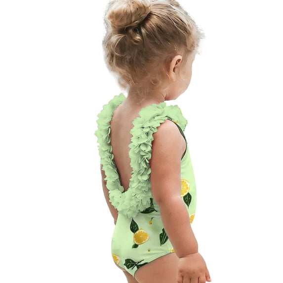Afelkas Toddler Girls One Piece Swimsuit Ruffled Open Back Bathing Suit Quick Dry Lemon Print Beachwear Summer Pool Vacation Swimming Costume