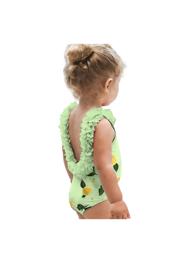 Toddler Girls One Piece Swimsuit Ruffled Open Back Bathing Suit Quick Dry Lemon Print Beachwear Summer Pool Vacation Swimming Costume