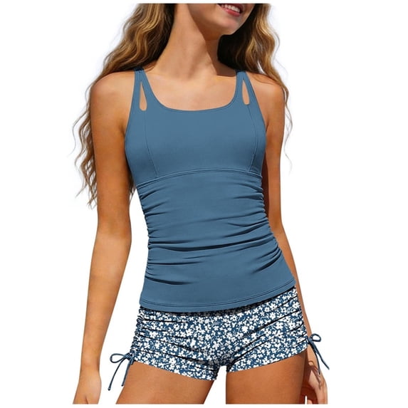 Afelkas Tween Girls Two Piece Bathing Suit Chest Pads Teen Floral Tankini Modest Round Neck Top Drawstring Shorts Summer Pool Outfit 7-16Y