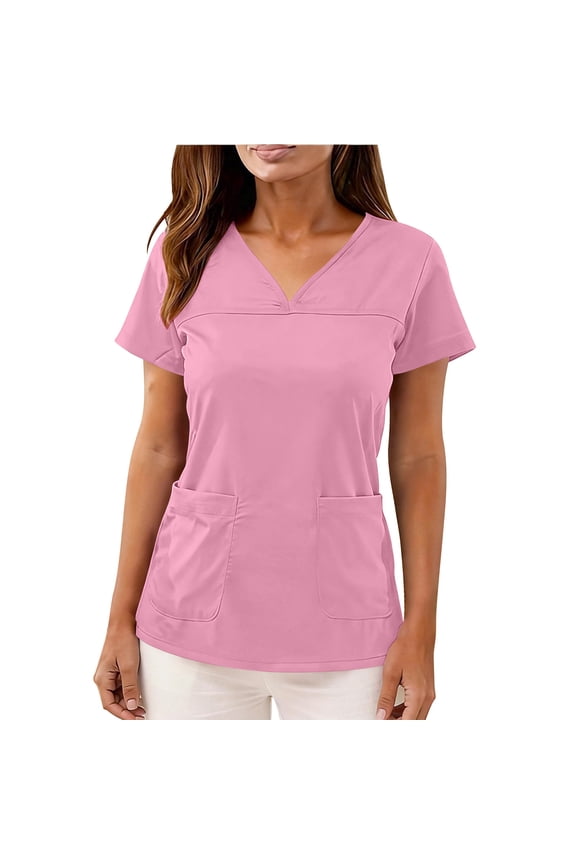 Women Beige Scrub Top Empire Waist Medical Shirt Khaki Nursing Blouse Tan Uniform Tee Pink,XL