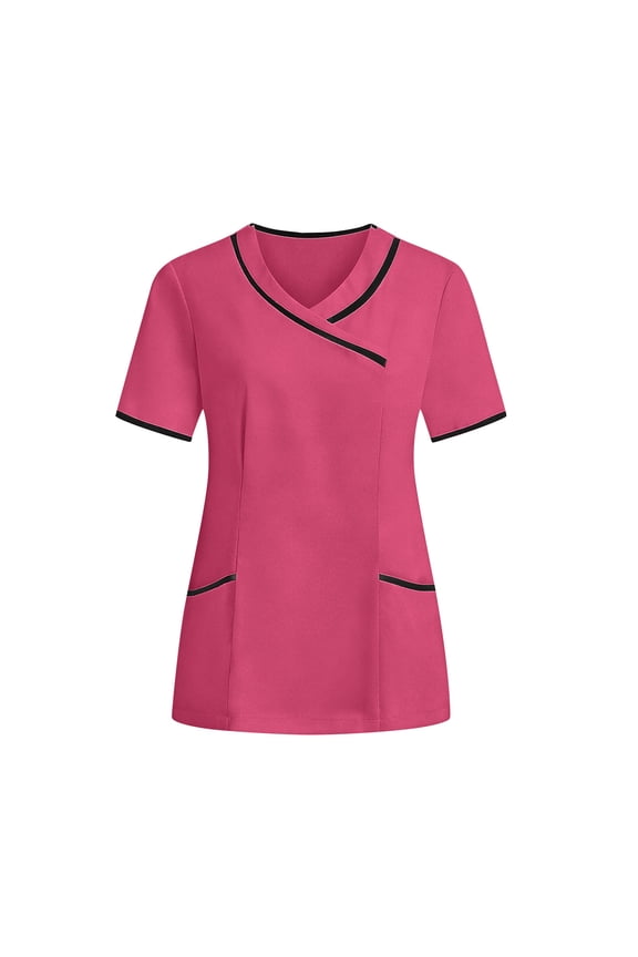 Women Black Scrub Top White Piping V-Neck Medical Shirt Professional Spa Uniform Blouse Hot Pink,L