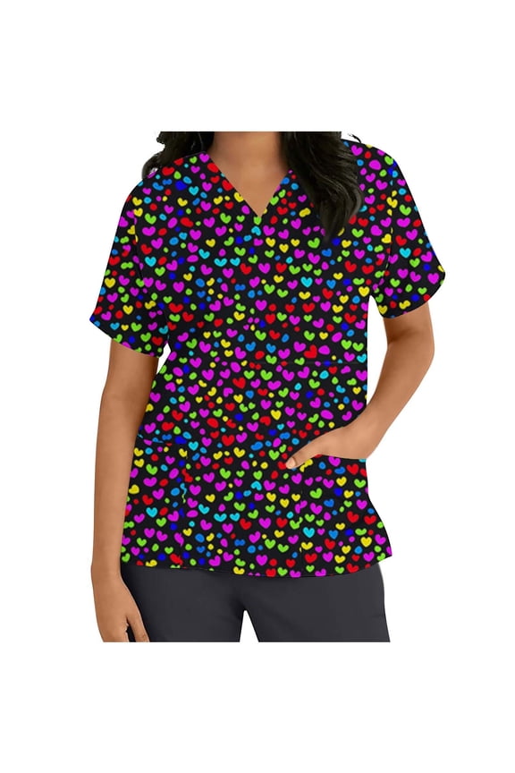 Women Confetti Heart Scrub Top Multi Color Digital Print Nurse Uniform V-Neck Medical Shirt Rainbow Love Tee Multicolor,XXXXL