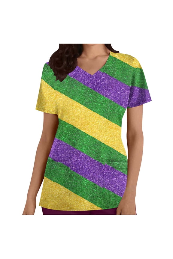 Women Glitter Stripe Scrub Top Diagonal Mardi Gras Print Nurse Uniform Holiday Work Blouse Purple Green Gold Tee Yellow,S