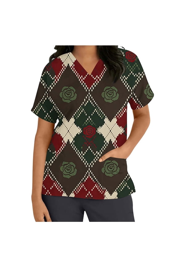 Women Retro Rose Argyle Scrub Top Vintage Floral Print Nurse Uniform V-Neck Medical Shirt Dark Academia Style Multicolor,XXXL