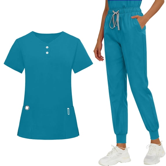 Afelkas Women Scrubs Sets Short Sleeve Button Down V Neck Top and Elastic Waist Drawstring Joggers Side Split Tops with Pockets Loose Nursing Uniforms for Hospital Staff Ladies