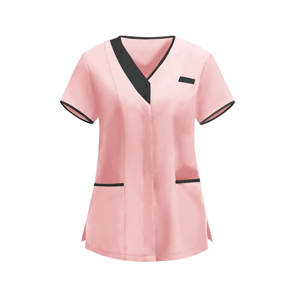 Afelkas Women Teal Green Scrub Top Black Trim V-Neck Medical Shirt Contrast Nursing Blouse Clinic Uniform Pink,XXL
