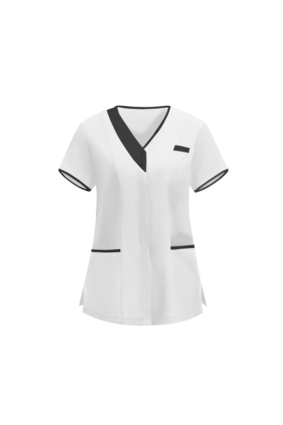 Women Teal Green Scrub Top Black Trim V-Neck Medical Shirt Contrast Nursing Blouse Clinic Uniform White,M