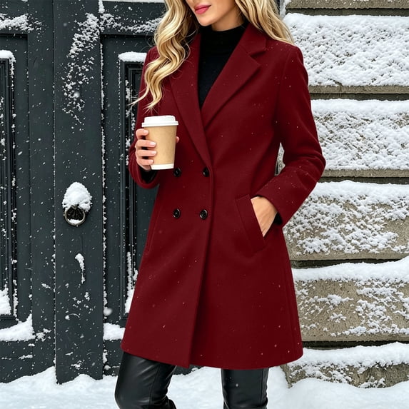 Afelkas Women Winter Peacoat Double Breasted Notched Lapel Mid Length Warm Wool Blend Coat with Pockets