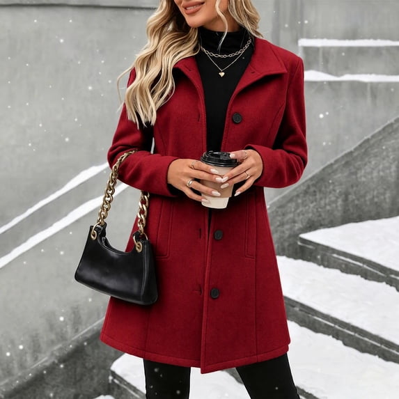 Afelkas Women Winter Peacoat Mid Length Single Breasted Notch Lapel Warm Coat with Pockets