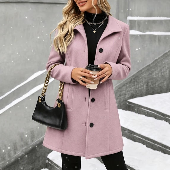 Afelkas Women Winter Peacoat Mid Length Single Breasted Notch Lapel Warm Coat with Pockets