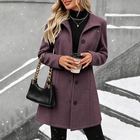 Afelkas Women Winter Peacoat Mid Length Single Breasted Notch Lapel Warm Coat with Pockets