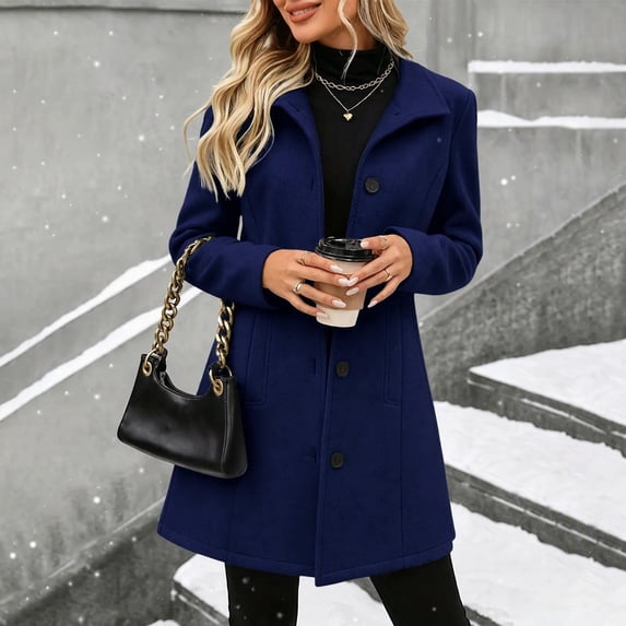 Afelkas Women Winter Peacoat Mid Length Single Breasted Notch Lapel Warm Coat with Pockets