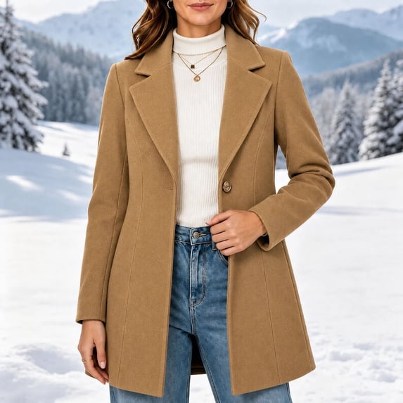 Afelkas Women Winter Peacoat Single Breasted Notched Lapel Tailored Fit and Flare Mid Length Wool Blend Warm Coat