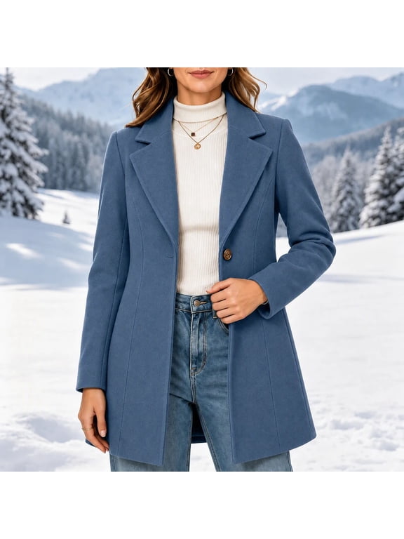 Women Winter Peacoat Single Breasted Notched Lapel Tailored Fit and Flare Mid Length Wool Blend Warm Coat