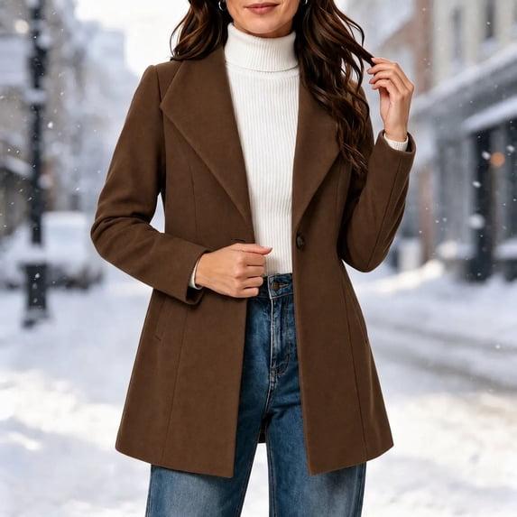 Afelkas Women Winter Peacoat Single Breasted Notched Lapel Tailored Fit and Flare Wool Blend Coat with Pockets