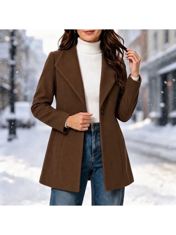 Women Winter Peacoat Single Breasted Notched Lapel Tailored Fit and Flare Wool Blend Coat with Pockets