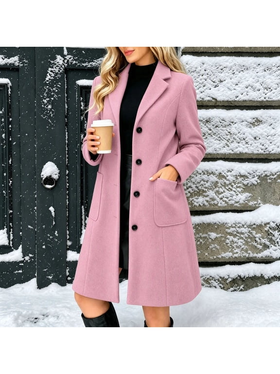 Women Winter Wool Coat Single Breasted Notched Lapel Knee Length Midi A-Line Peacoat with Pockets