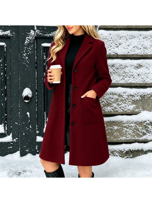 Women Winter Wool Coat Single Breasted Notched Lapel Knee Length Midi A-Line Peacoat with Pockets