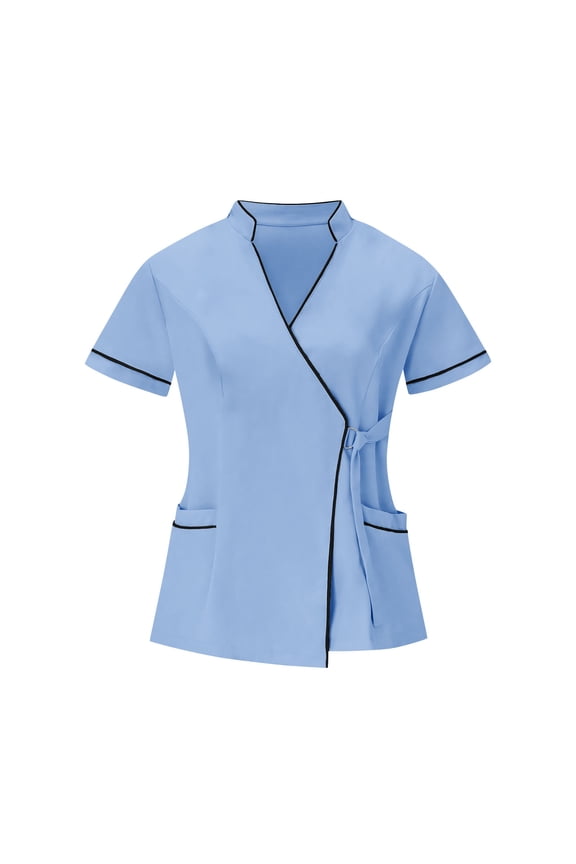 Women Wrap Scrub Top Blue Side Tie Medical Shirt Asymmetric Nursing Blouse Spa Uniform Light Blue,L