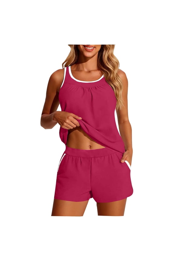 Women's 2 Piece Summer Outfit Sleeveless Scoop Neck Tank and Shorts Set Contrast Binding Casual Lounge Suit Sporty PJs Hot Pink,XL