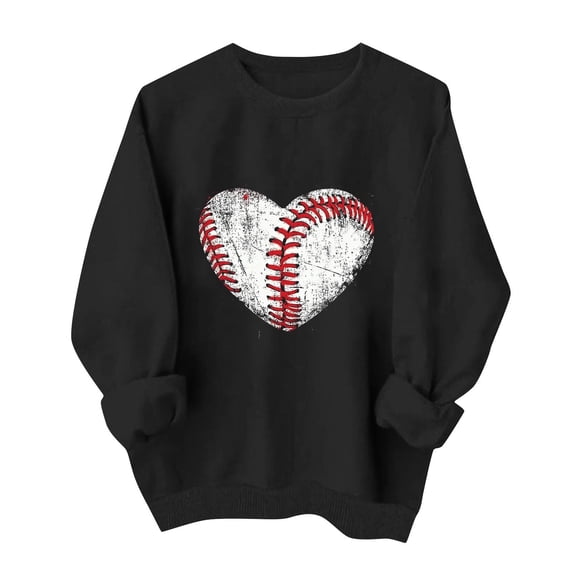 Afelkas Women's Baseball Sweatshirt Distressed Heart Graphic Pullover Crewneck Sports Mom Top Casual Game Day Fan Gear Black,XL