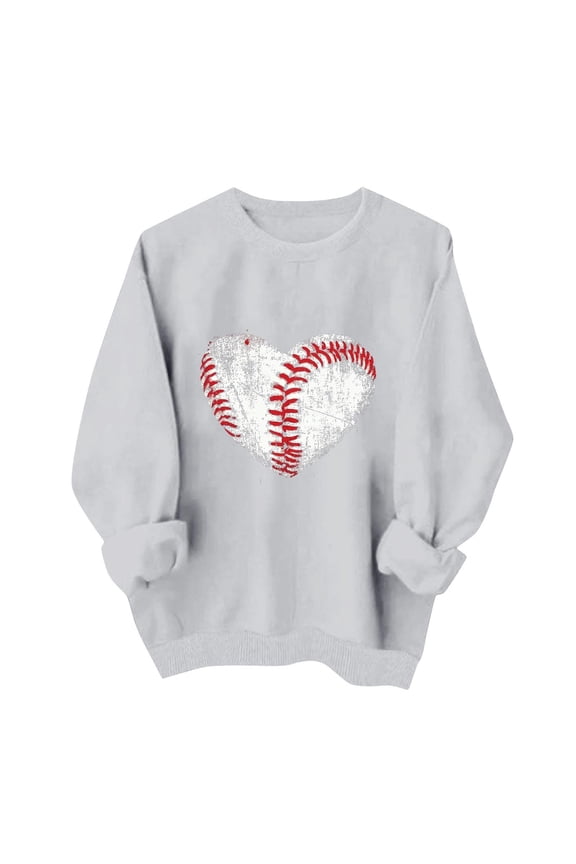 Women's Baseball Sweatshirt Distressed Heart Graphic Pullover Crewneck Sports Mom Top Casual Game Day Fan Gear Gray,XXL