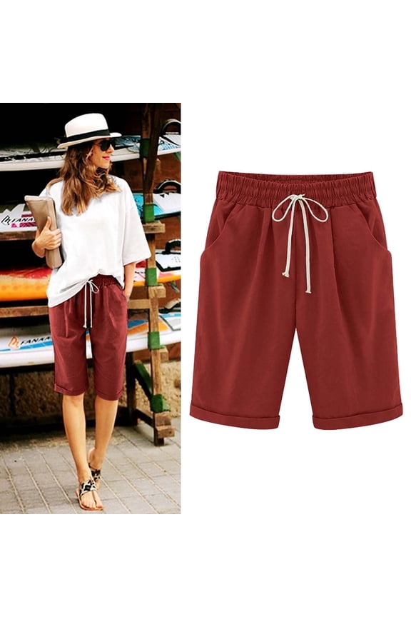 Women's Casual Drawstring Bermuda Shorts with Deep Side Pockets Summer Woven Bottoms for Beach Trips and Weekend Lounging Red,XXXXL
