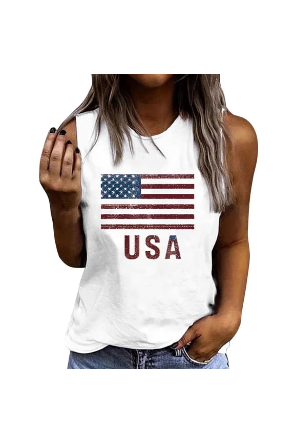 Women's Distressed USA Flag Tank Tops Patriotic Stripe Graphic Sleeveless Shirts Black Summer Casual Crewneck Tee for Holiday White,S