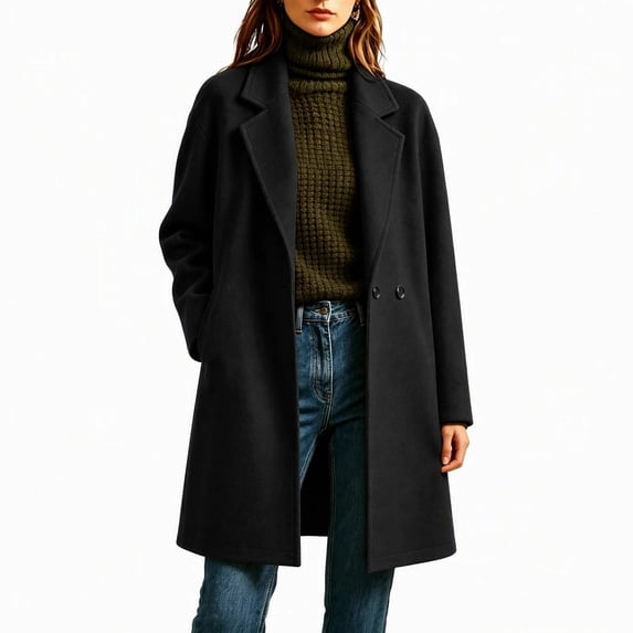 Afelkas Women's Oversized Wool Blend Peacoat Double Breasted Notch Lapel Mid Length Warm Winter Coat with Pockets