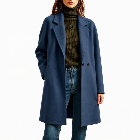 Afelkas Women's Oversized Wool Blend Peacoat Double Breasted Notch Lapel Mid Length Warm Winter Coat with Pockets