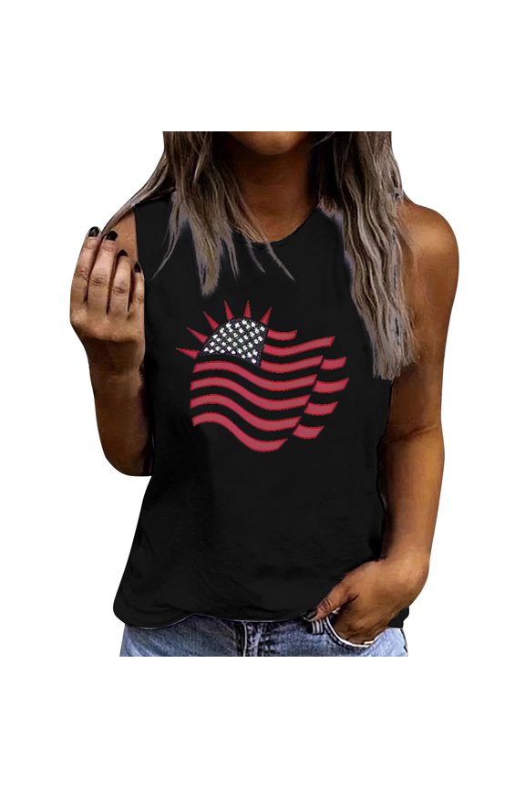 Women's Patriotic Sun Flag Tank Tops USA Stripe Graphic Sleeveless Shirts Black Summer Casual Crewneck Tee for 4th of July Holiday Black,S