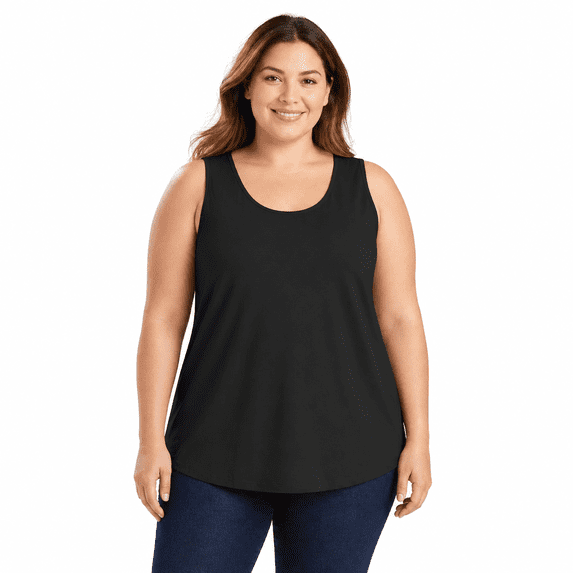 Afelkas Women's Plus Size Tank Tops Scoop Neck Sleeveless Stretch Tunic Shirts Wide Strap Basic Casual Undershirt for Everyday Wear Black,L
