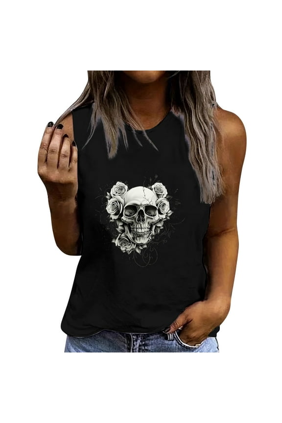 Women's Skull and Roses Tank Tops Gothic Graphic Sleeveless Shirts Black Summer Crewneck Tee for Rock Concert Casual Daily Wear Black,S