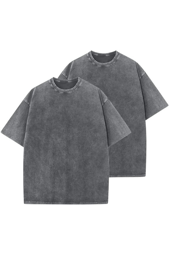 Women's Vintage Wash Oversized T-Shirt 2-Pack Style Essential Streetwear Top Acid Wash Cotton Feel Crewneck Gray,XL